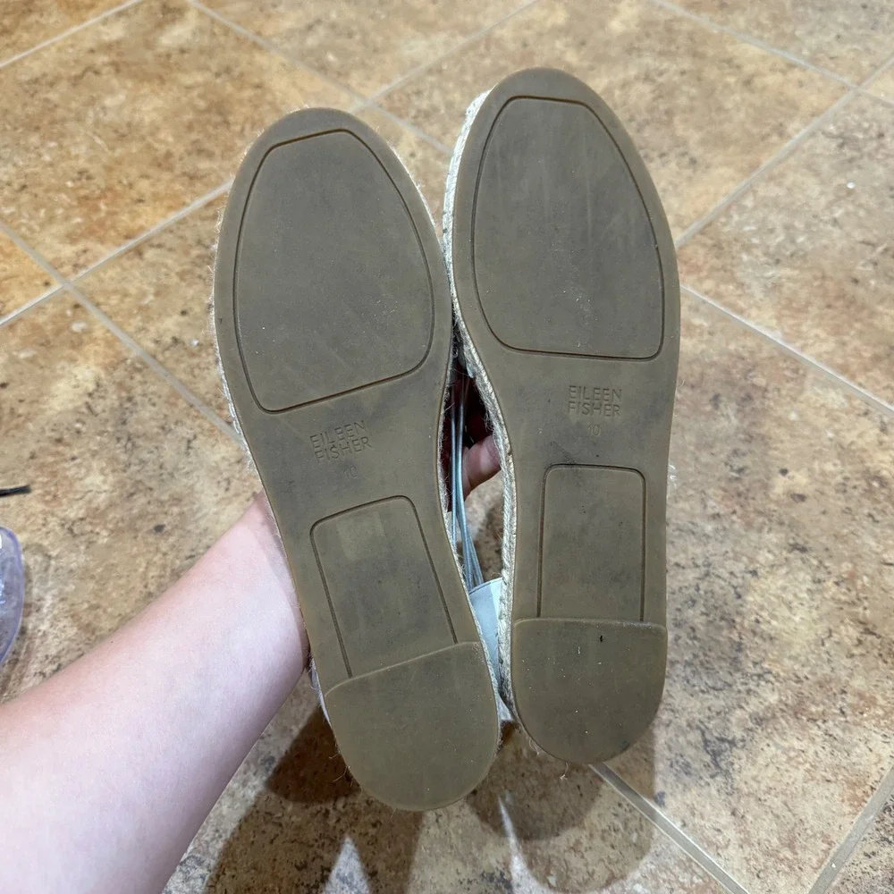 Eileen Fisher Lee Whitewash Leather Espadrille Flats Elastic Straps White Sz 10